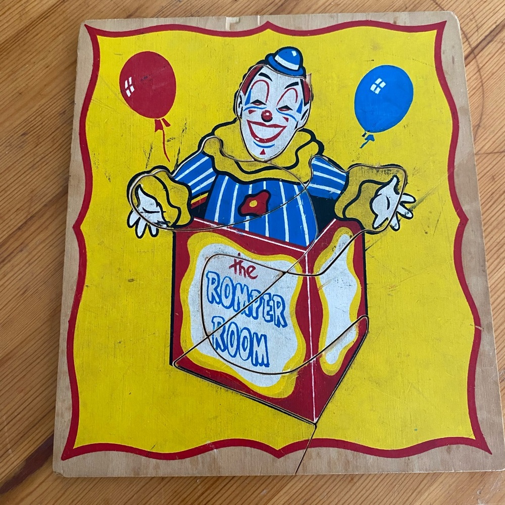Vintage “The Romper Room” Colourful Clown Jack in the Box Wooden Puzzle.